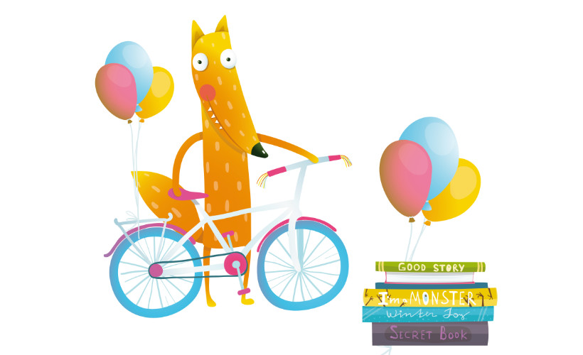 Grafik mit dem Fuchs mit dem Fahrrad, Luftballons und einem Stapel Büchern